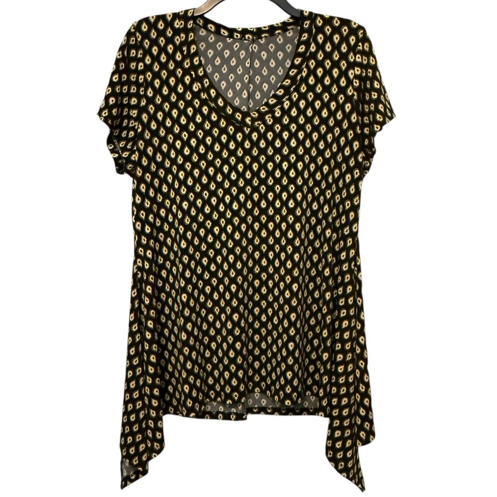 Handkerchief Hem Blouse Black Yellow Vneck Large